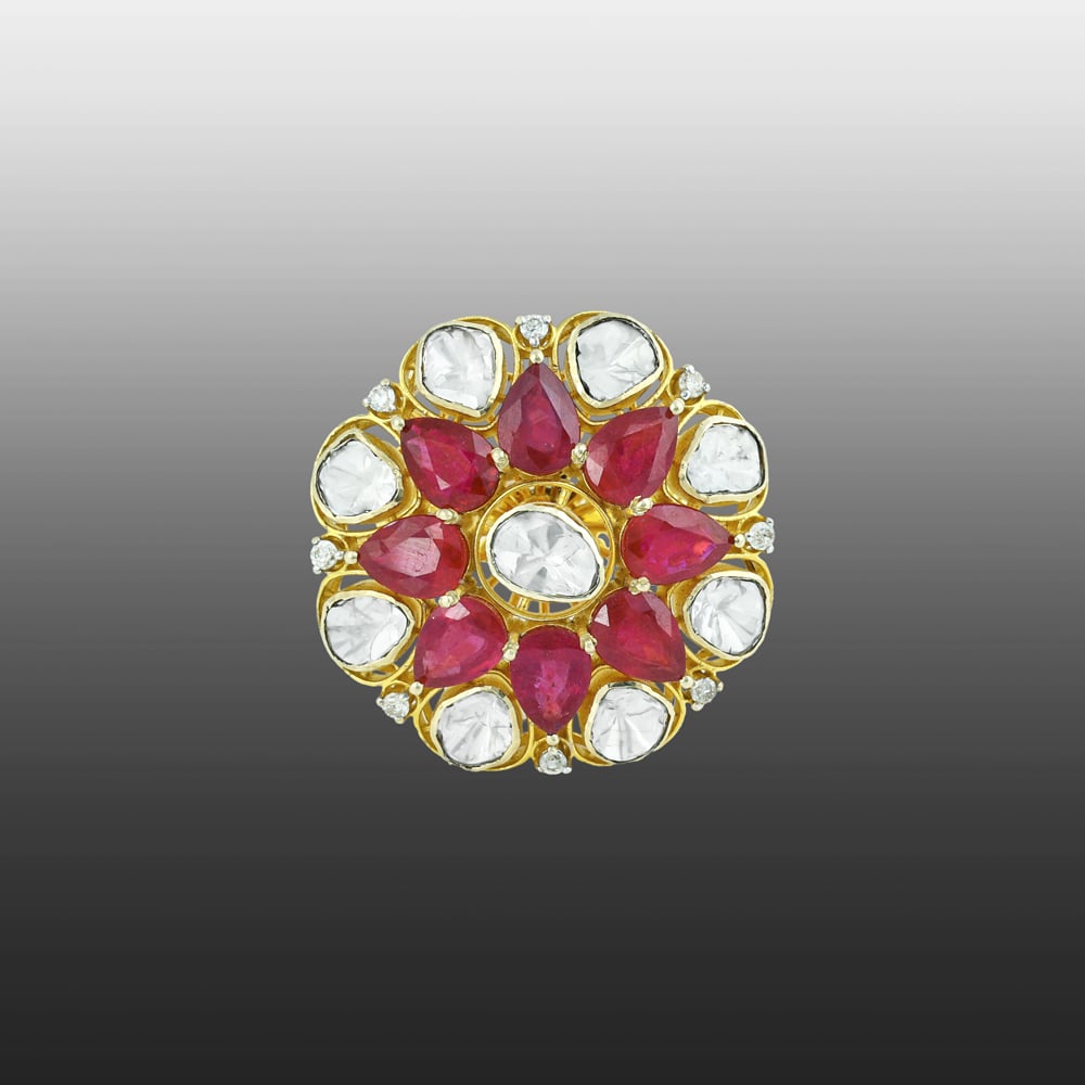 Floral Polki Ring with Central Uncut polki and Red Cut Stone